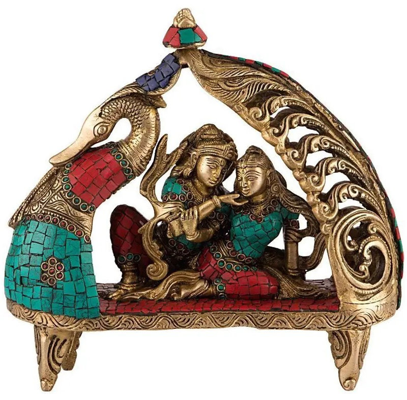 Brass Radha Krishna Peacock Boat Statue with Turquoise Inlay, 10 in. Tabletop, Traditional Hindu Sacred Art for Meditation Room & Home Altar