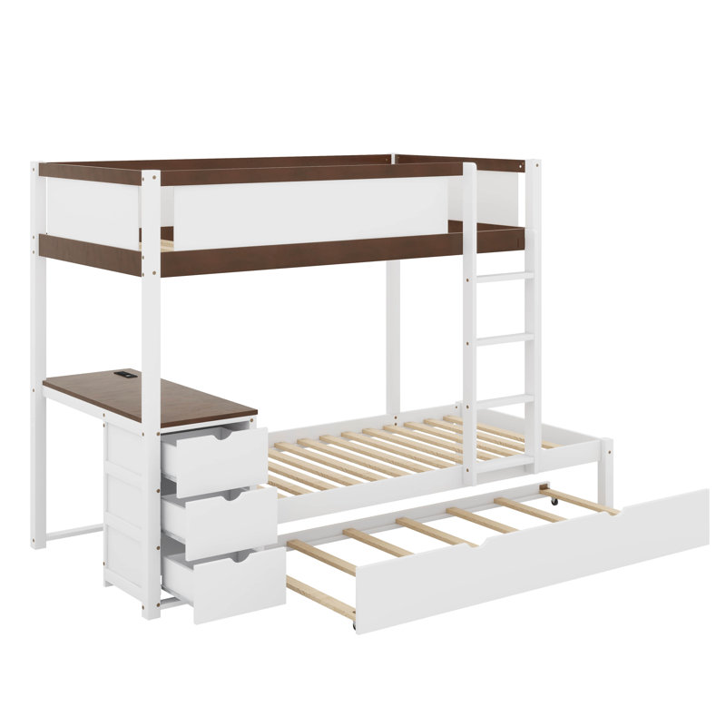 Lit superposé avec lit gigogne et bureau, Simple sur simple, Blanc/noyer