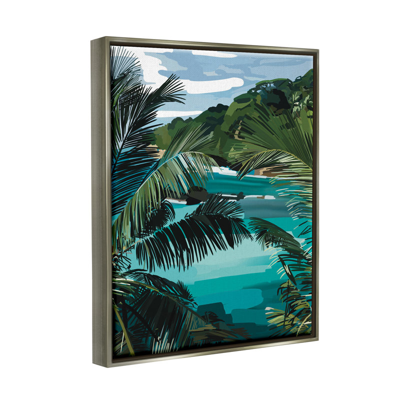 «Tropical Ocean Inlet Lush Palm Tree Hills» par Amelia Noyes - Peinture, H 31 po x l 25 po x P 1,7 po