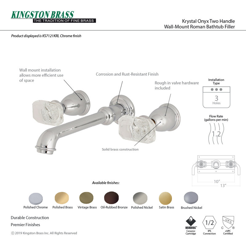 Kingston Brass Krystal Onyx Two-Handle 3-Hole Wall Mount Bathroom Faucet, Oil Rubbed Bronze