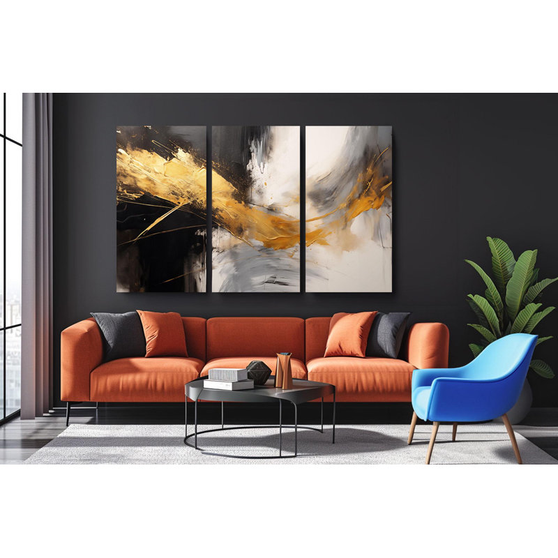 Triptych Canvas Wall Art – Modern Abstract Gold  Black Triptych Canvas Set for Luxury Living Room Decor Bold Red  Dynamic Design Geometric Wall Art Statement Piece