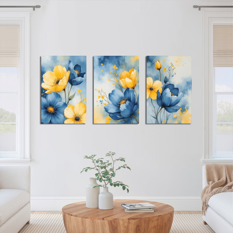 «Blue and Yellow Floral», reproduction d'art sur toile tendue sur toile (ensemble de 3), H 36 po x l 72 po