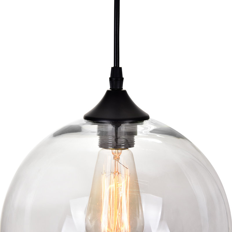Glass Mini Pendant Light - Single Bulb Hanging Fixture with Minimalist Modern Round Clear Shade, Adjustable Black Cord - Kitchen, Dining Room, Bar Lighting