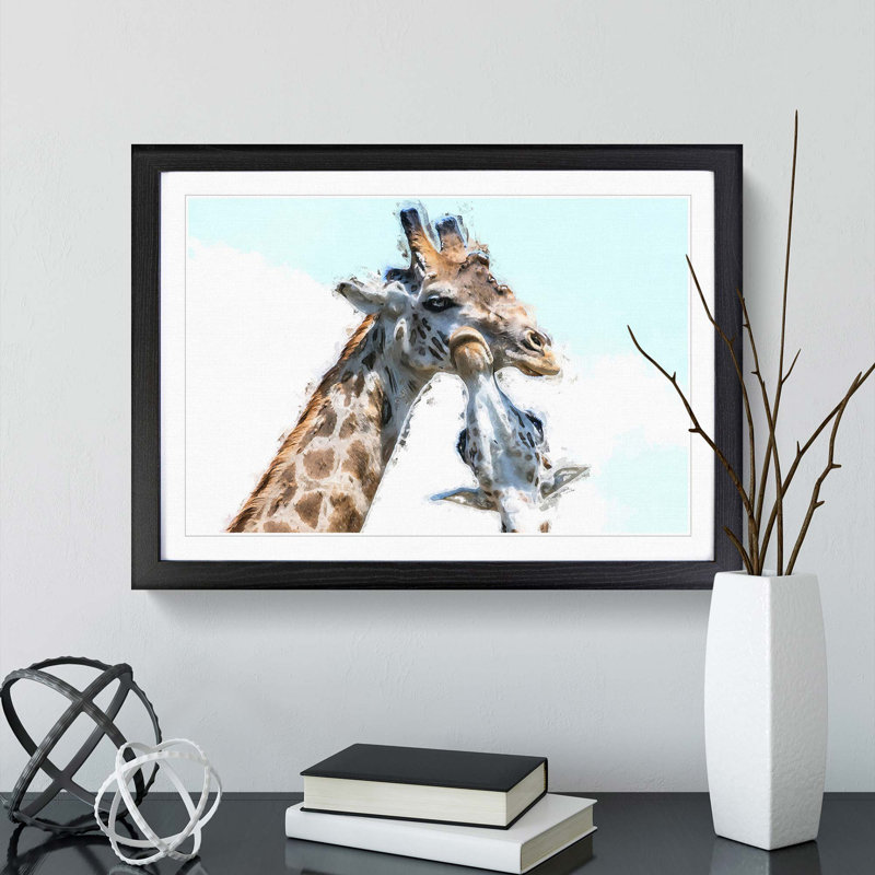 Giraffe with Calf - Picture Frame Painting Print, 27cm H x 36cm W x 2cm D, Black Framed