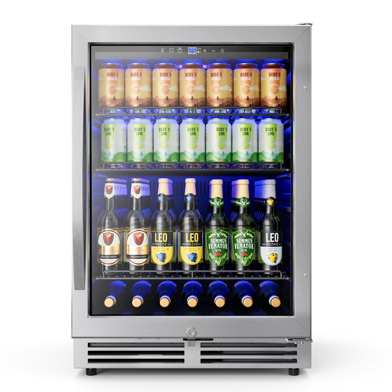 24 Inch Beverage Refrigerator, 190 Can Built-In and Freestanding Cooler with Glass Door, LED Light, Safety Lock for Beer, Wine, Soda, Drinks, Classic Series – Available in Silver