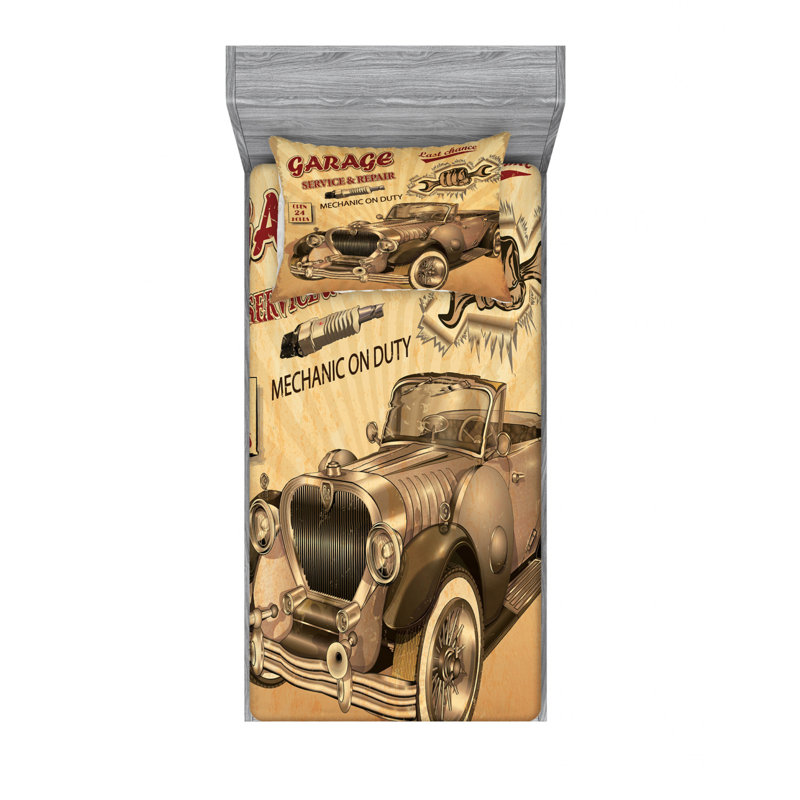 Ensemble de draps Nostalgic Car with Garage, Ensemble de draps pour lit simple TG avec 1 taie d