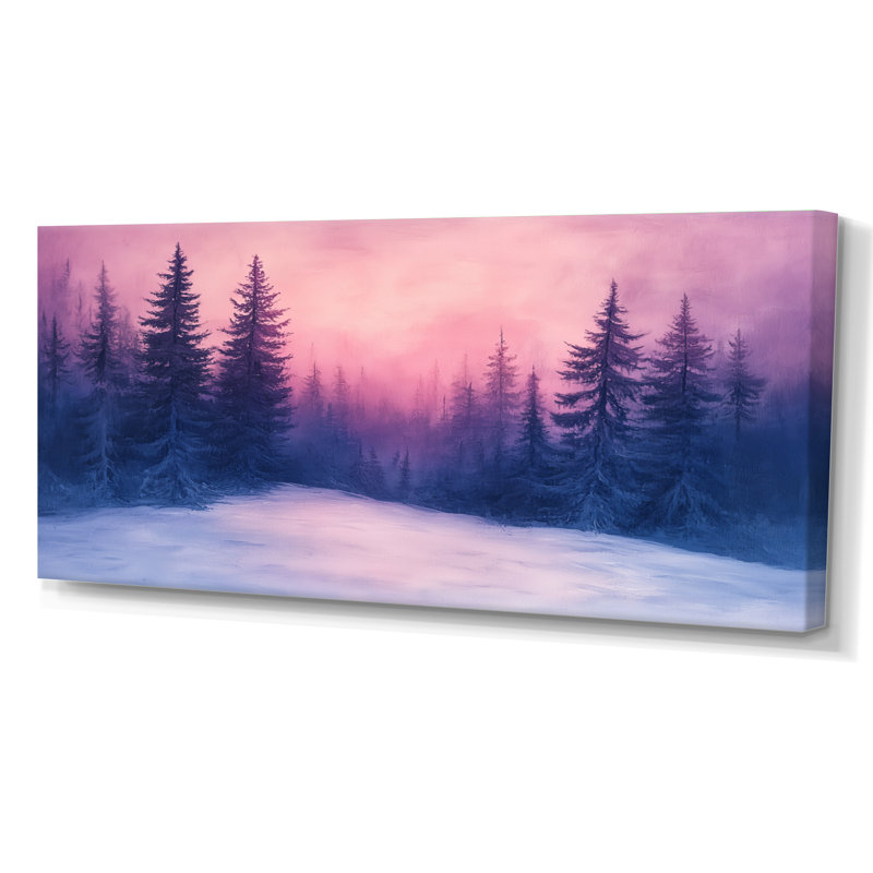 Toile de pin d'hiver, art mural forêt de montagne, pins enneigés au crépuscule, H 28 po x l 60 po, Toile tendue