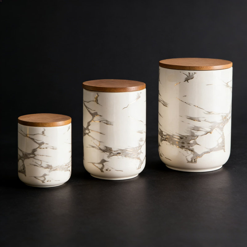 Ensemble de pots en céramique à motif marbré avec couvercles hermétiques - 3 contenants de rangement pour la cuisine, la farine, le sucre, le café et le garde-manger
