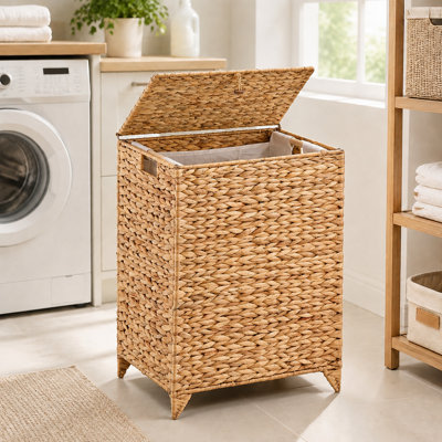 Panier à linge en osier naturel, pliable et tissé à la main, avec couvercle