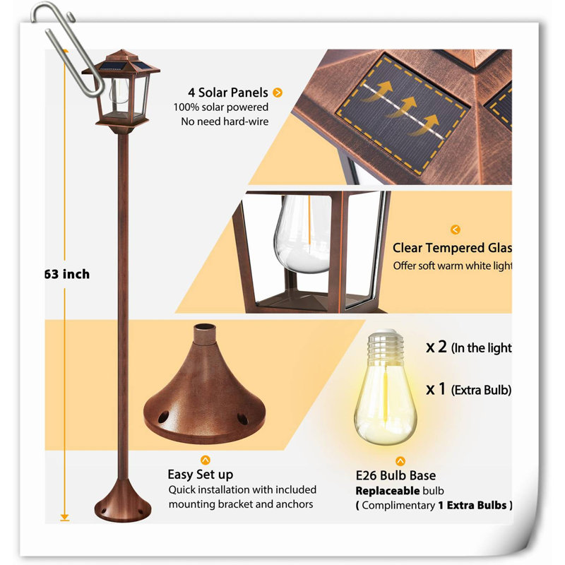 63" Solar Lamp Post Ezariyah 2Pack, Outdoor Post Ezariyah Waterproof, Pole Ezariyah Outdoor, Decorative Floor Lamp For Patio, Warm White, Replaceable Bulb