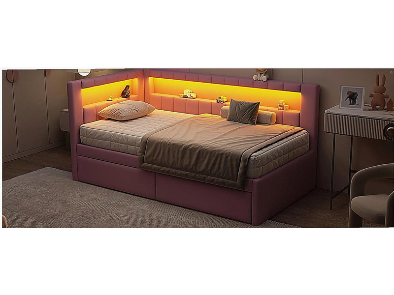 Upholstered Twin Size Platform Bed with USB Ports and LED Belt, With 2 Drawers, Pink, Pink