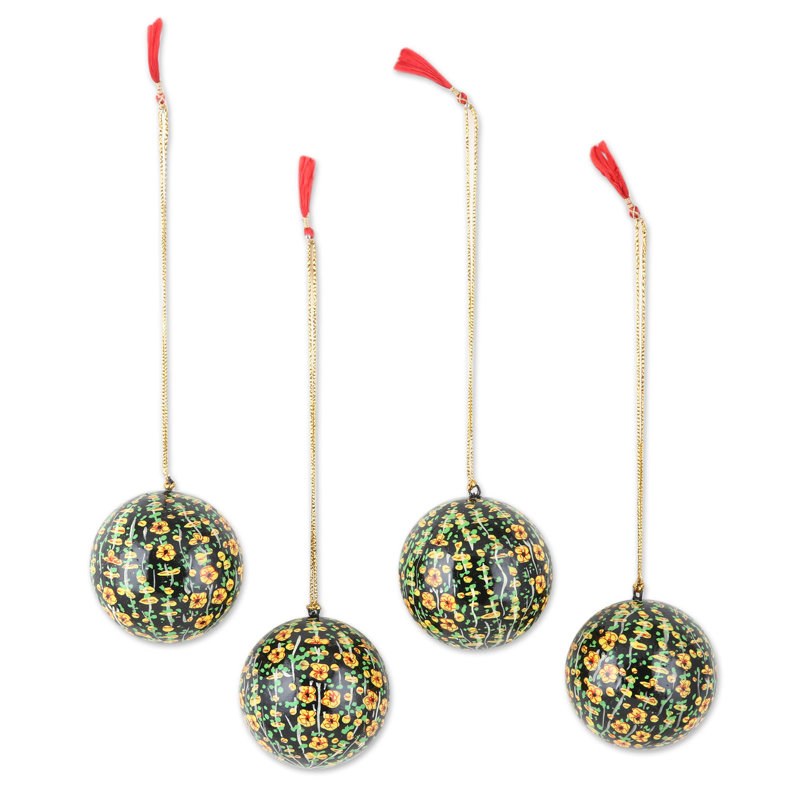 Ensemble de 4 fleurs du Cachemire en papier mâché jaune