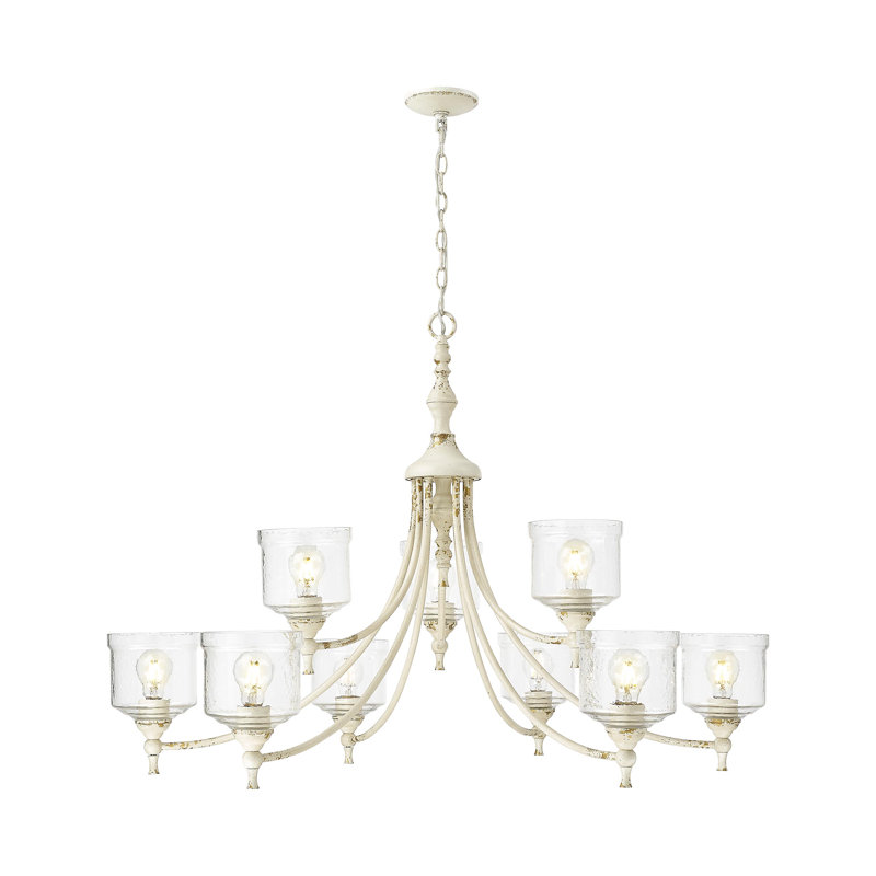Lustre 9 lumières avec abat-jour en verre martelé Corder, Ivoire antique