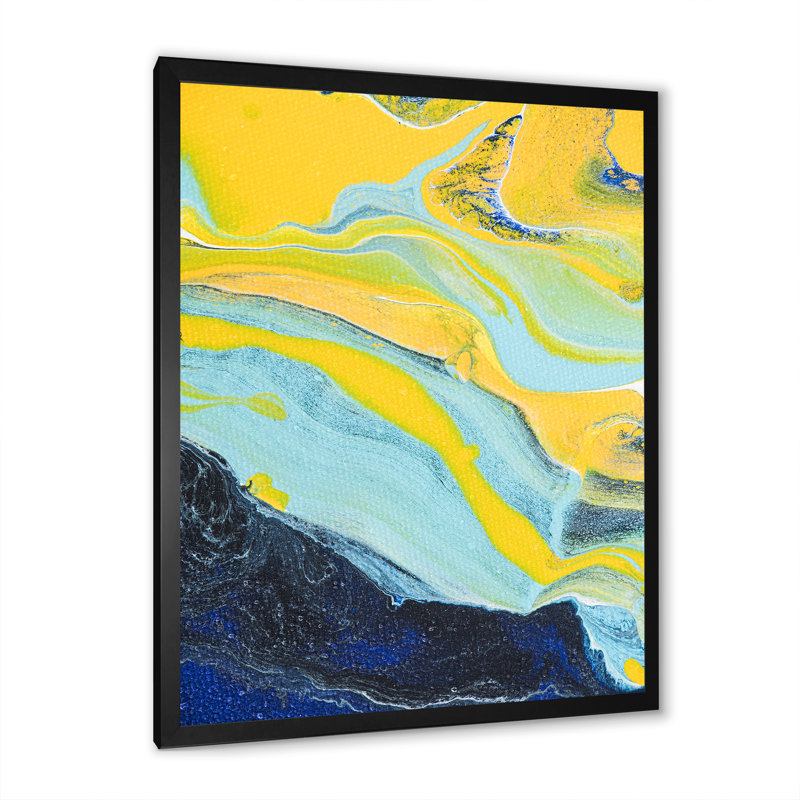 Art de marbre bleu foncé et jaune III, reproduction d'art sur toile, Toile avec cadre photo noir, H 20 po x l 12 po x P 1 po