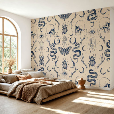 Wall Mural Peel and Stick Wallpaper Vintage Occult Seamless Skulls Snakes Moths Mystical Symbols Self-Adhesive Removable Contact Paper Wall Decor for Living Room Bedroom 69"H x 96"W