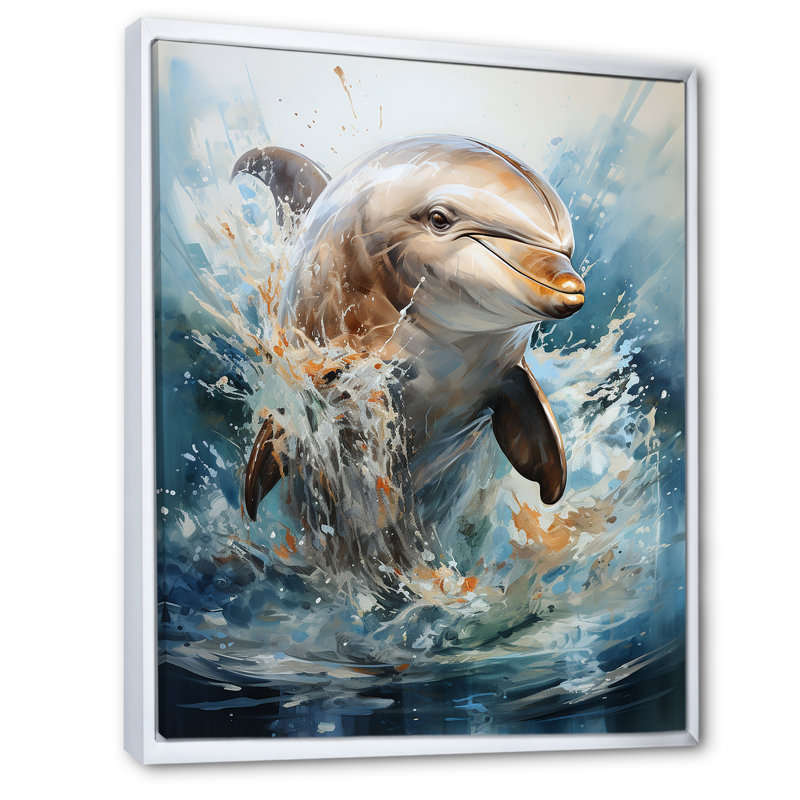 Dolphin Elegance - Art mural dauphin, Cadre flottant blanc, H 40 po x l 30 po x P 1,5 po
