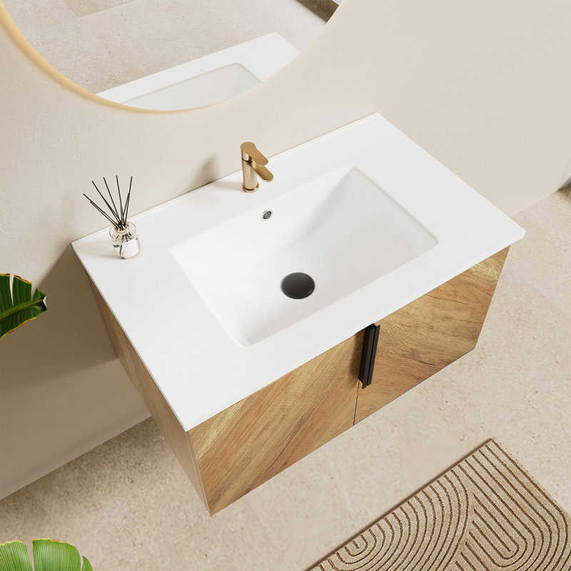 30"  Wall-Mounted Floating Single Bathroom Vanity Set With White Ceramic Sink And Chevron Wood Grain Cabinet, White