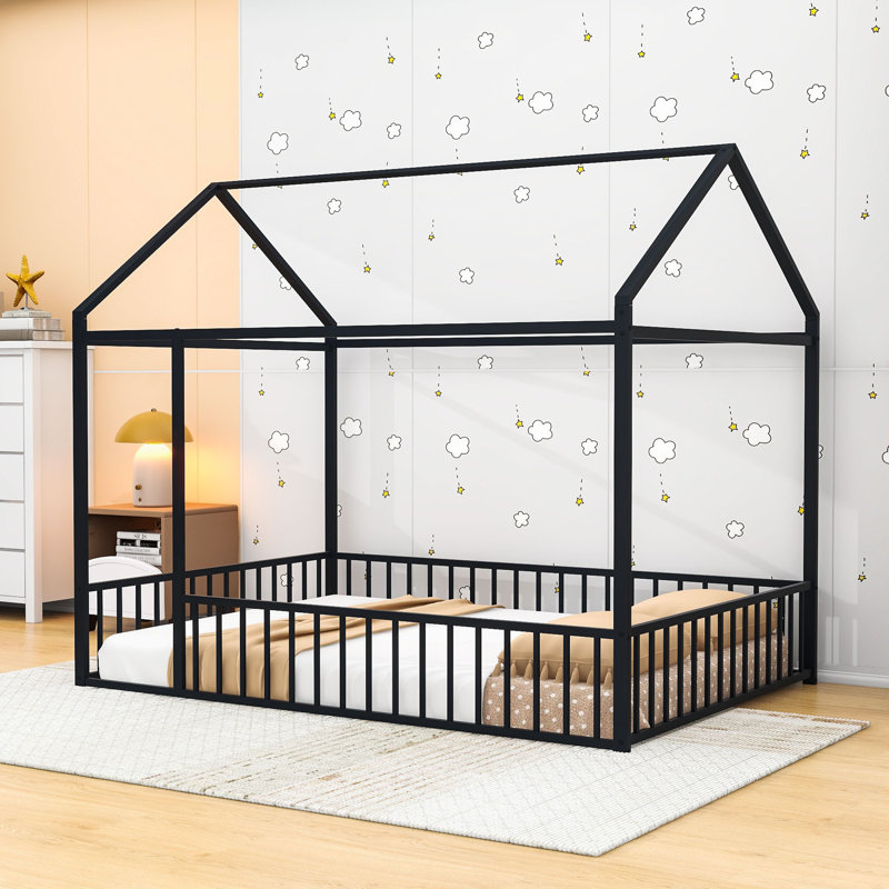 Full-Size Metal House Bed With Playhouse Design And Semi-Enclosed Sleeping Space, Black