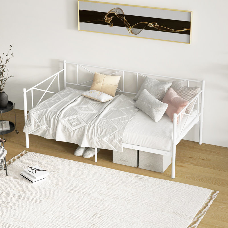 Twin Size Metal Daybed Frame Home Modern 2-in-1 Sofa Bed With Railings Heavy-duty Metal Slats Platform Bed, White