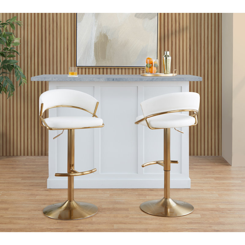 Loehr Adjustable Bar Stools with Rounded T Footrest, Gold, White Faux Leather