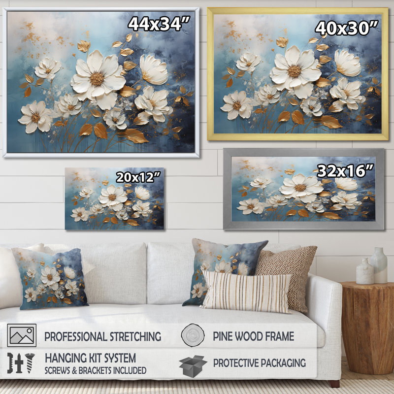 Golden Blue and White Floral Canvas Print with Floating Frame