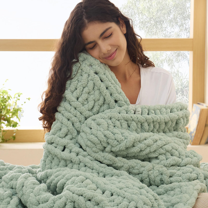 Hand-Knit Chenille Chunky Throw Blanket, Sage Green