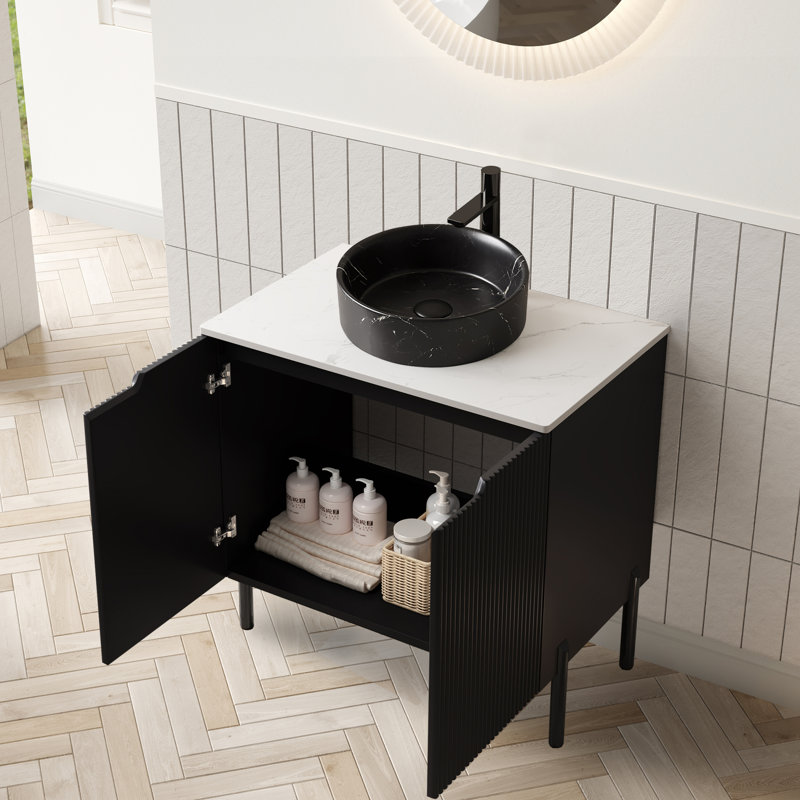 Meuble-lavabo moderne 24 "avec lavabo, lavabo en céramique noire et plateau Carrara