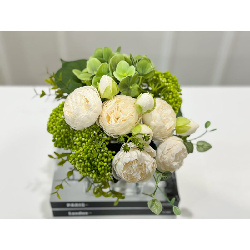 Faux Peony And Hydrangea In Vase, Beige