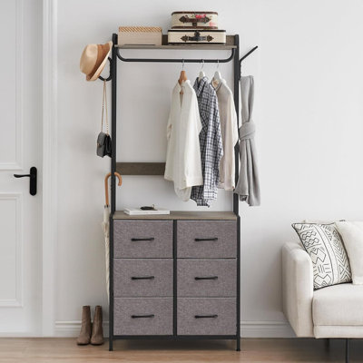 Portant à vêtements avec 6 tiroirs, organisateur de rangement avec structure en métal et plateau en bois, portemanteau industriel avec tringles de suspension et 4 crochets latéraux, garde-robe de rangement réglable pour chambre à coucher, couloir
