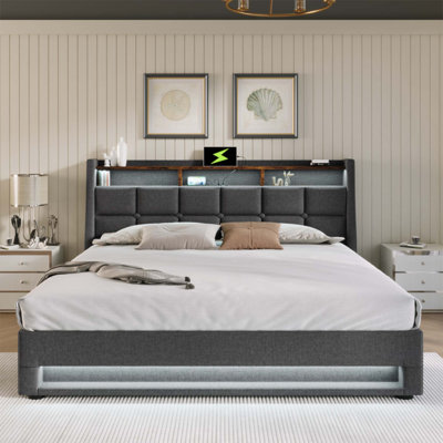 Upholstered Platform Bed With Hydraulic Storage, LED, And USB Charging, Vintage-Modern Design