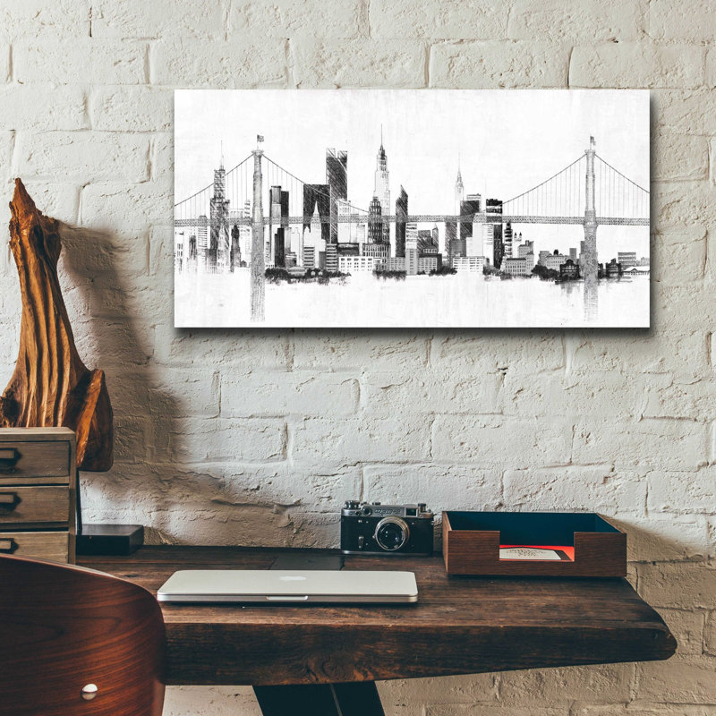 «Bridge And Skyline Silver» par Avery Tillmon, art mural en verre acrylique, H 12 po x l 24 po x P 0,2 po, Aucun mat