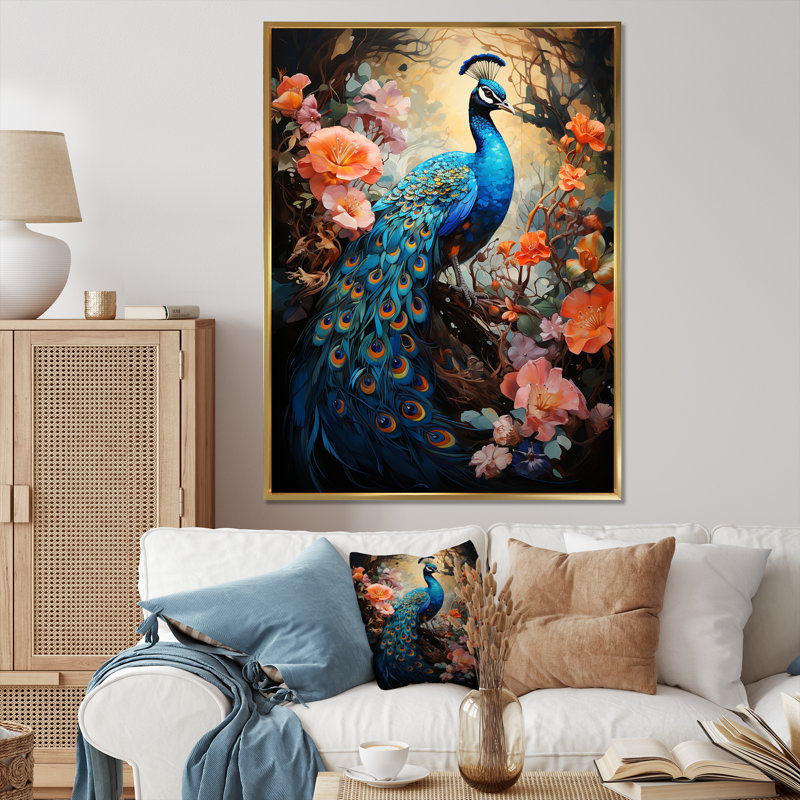 Wrinkle Peacock lumineux sur toile, H 44 po x l 34 po x P 1,5 po, Cadre flottant doré
