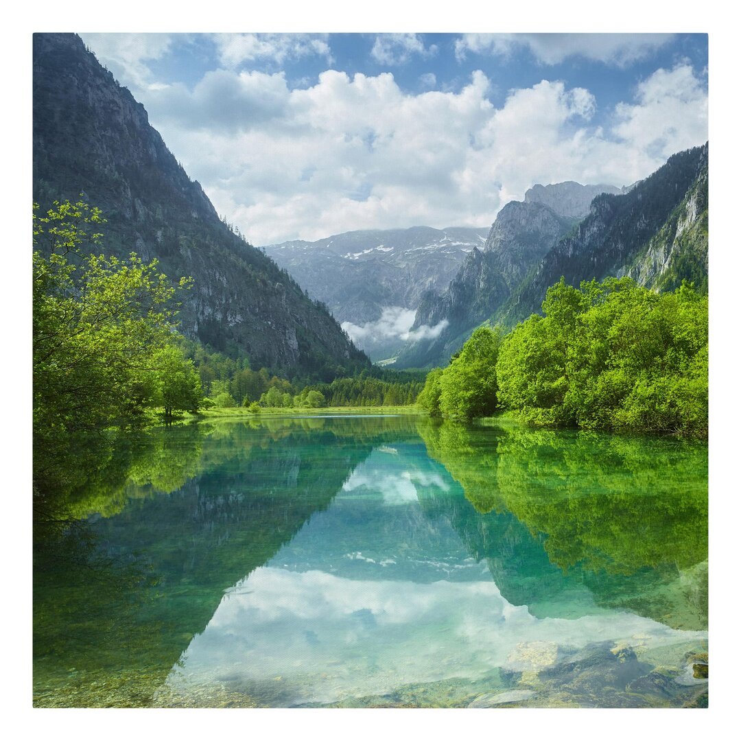 Glasbild Bergsee mit Spiegelung