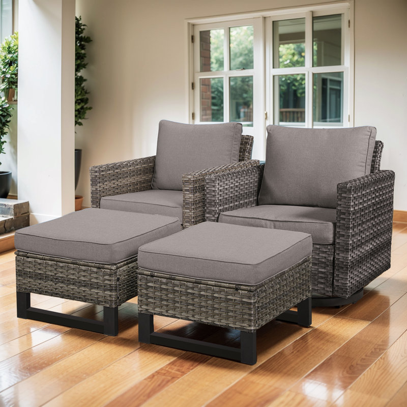Nazime Outdoor Patio Swivel Rocking Chairs With Ottomans (Set Of 2), Gray