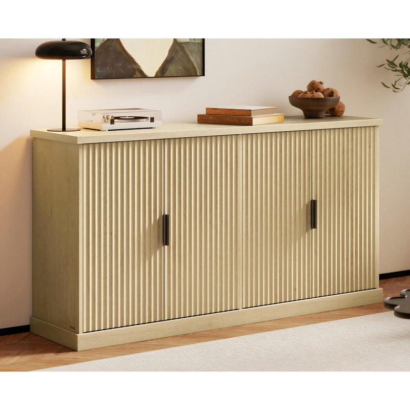 Armoire buffet de 58,3 po de largeur, buffet, console avec tablettes réglables, portes cannelées, Beige