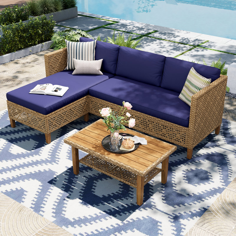 Outdoor Wicker Patio Conversation Furniture Set With Acacia Wood Coffee Table, Navy, 3 Pcs: Table, Bench, Sectional