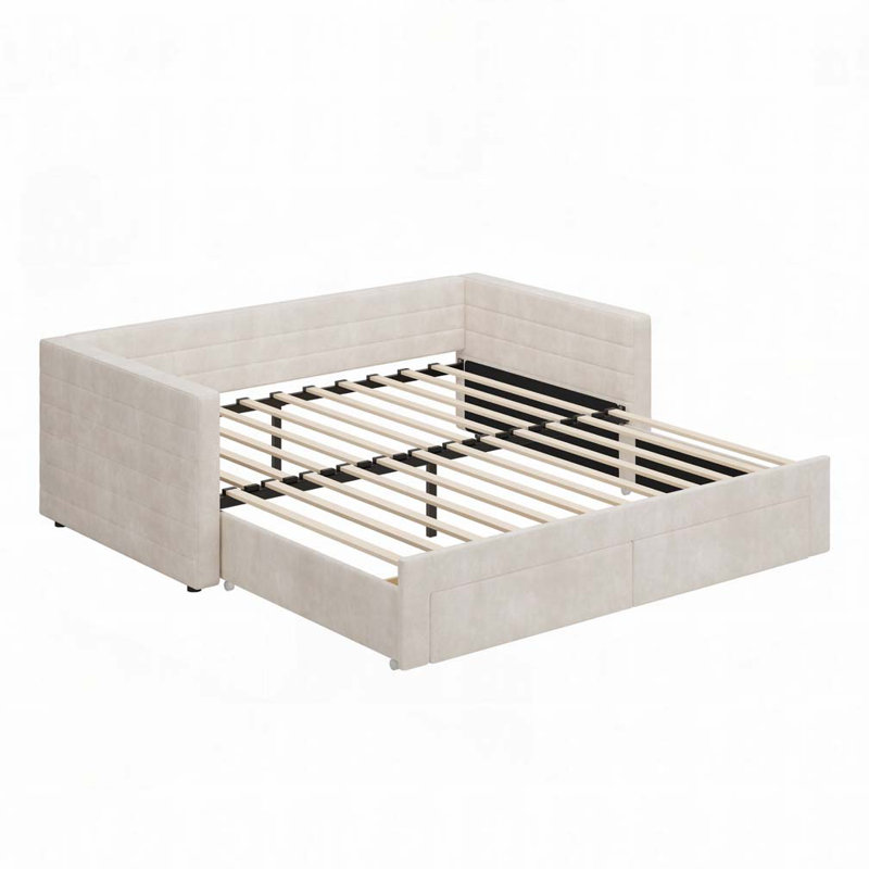 Structure de lit de jour extensible revêtue de chenille avec couchette Draw Tiroirs de rangement, Beige
