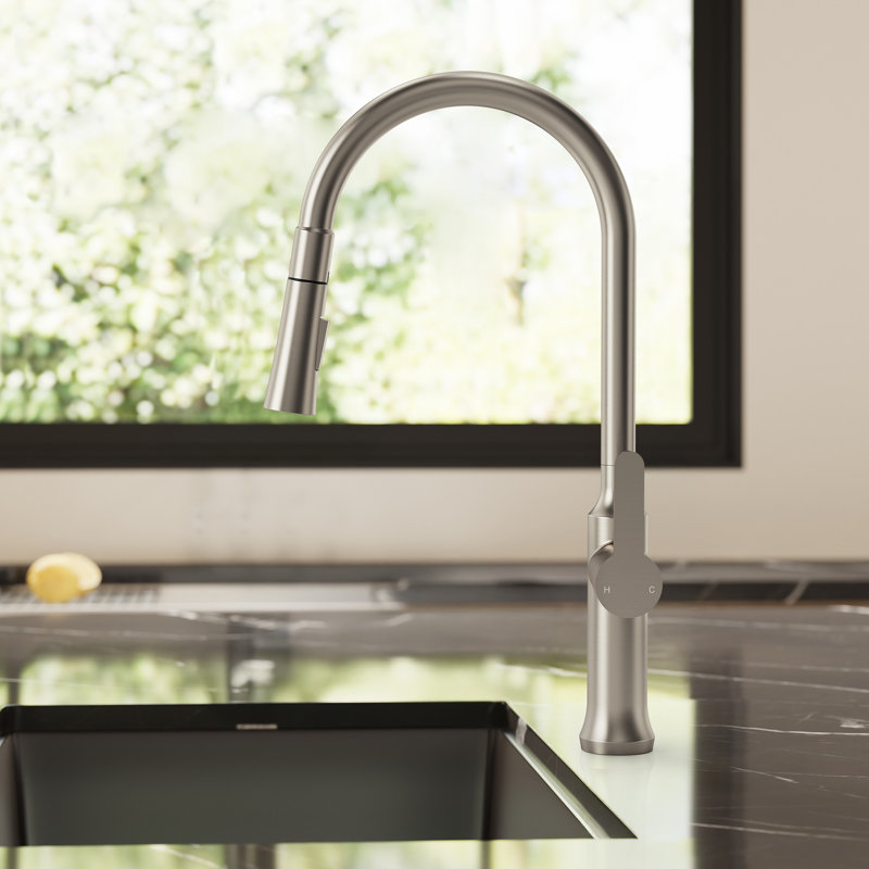 Robinet de cuisine escamotable avec douchette à double fonction, robinet d'évier à poignée simple avec bec pivotant à 360 °