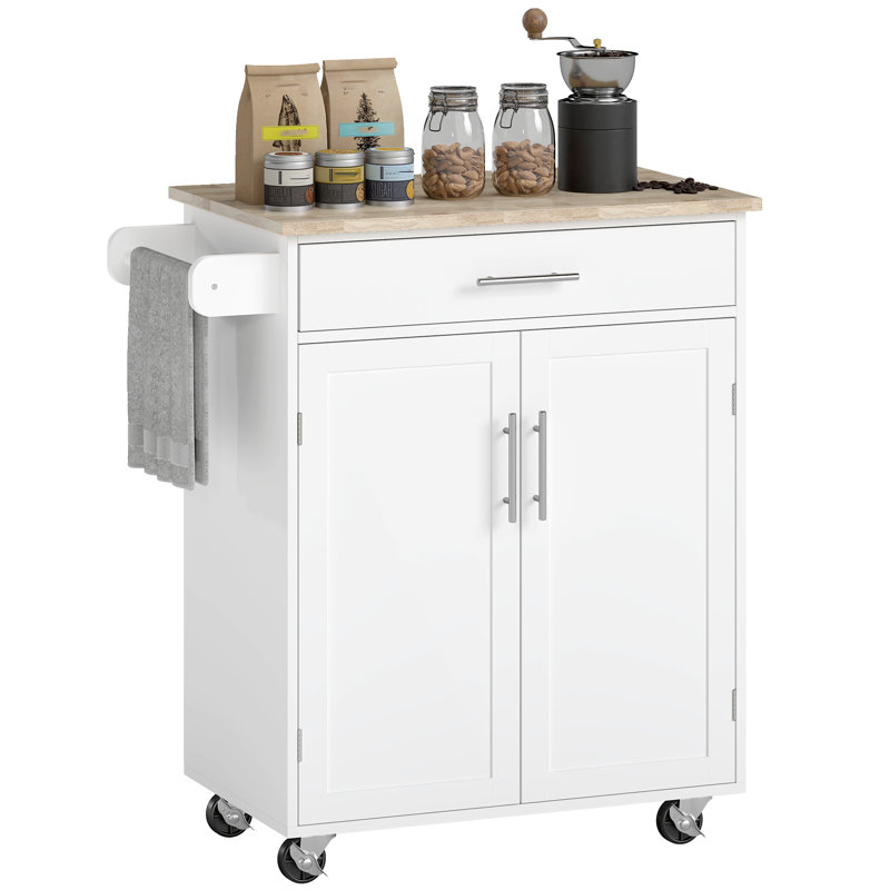 Chariot de cuisine avec plateau en bois massif Cheng, Blanc