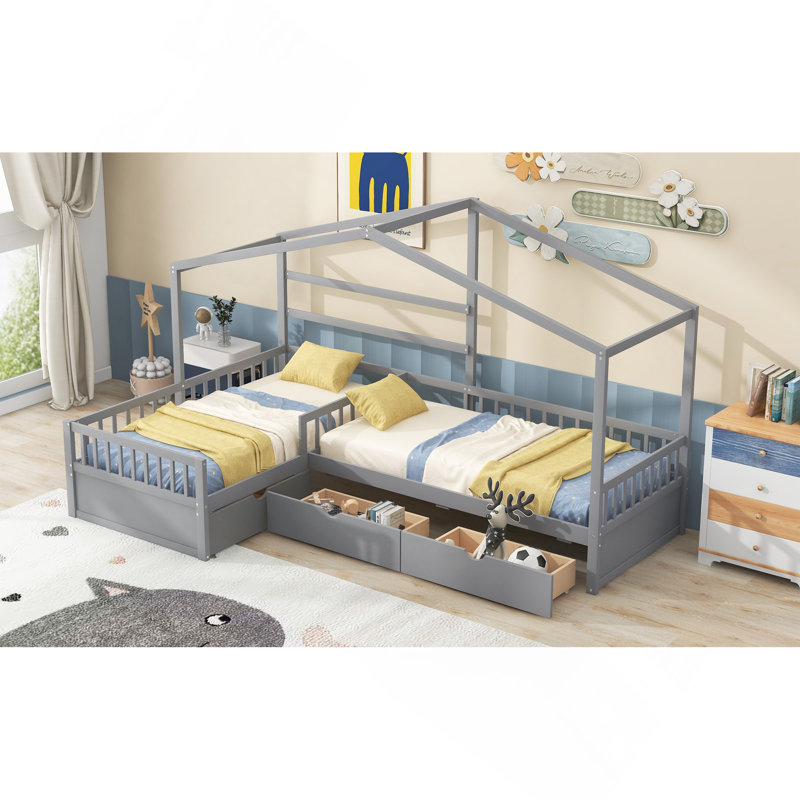 Lit plateforme simple avec trois tiroirs de rangement, gris