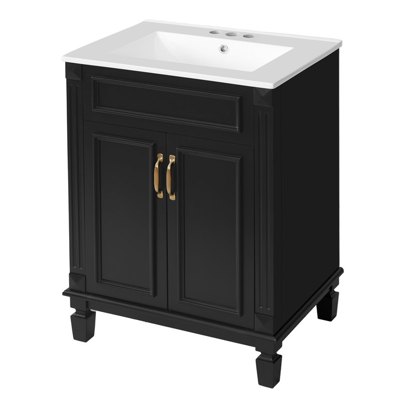 Single 24'' Bathroom Vanity With Ceramic Top, Black