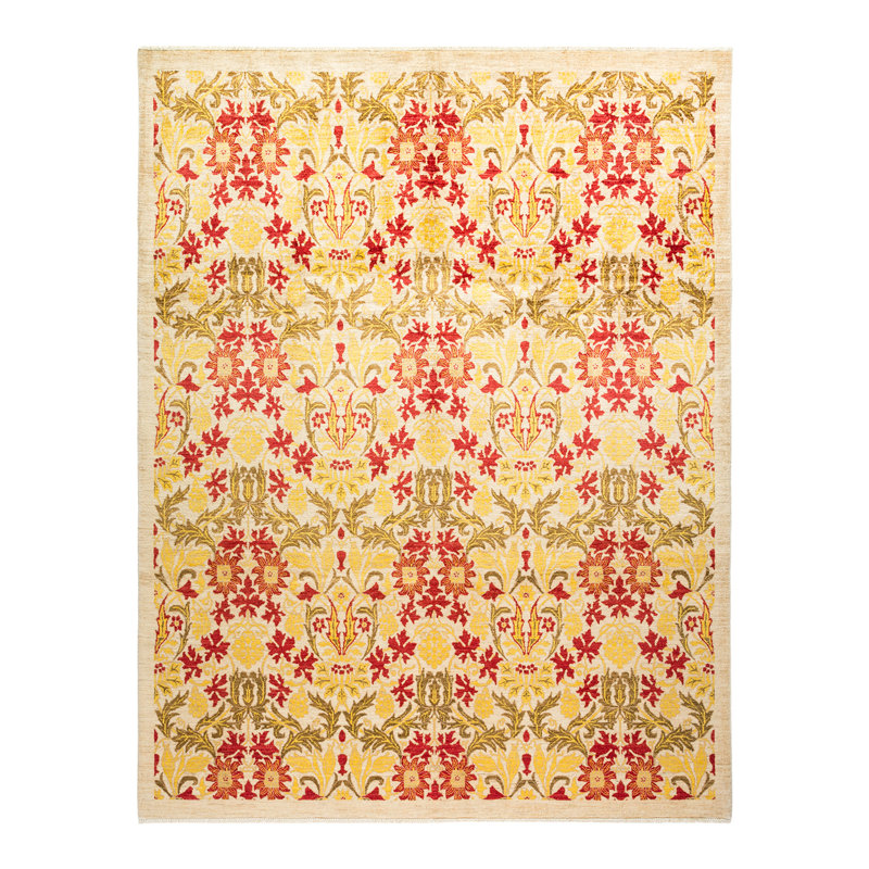 Tapis unique en laine noué à la main ivoire / rouge / jaune 8 pi x 10 pi