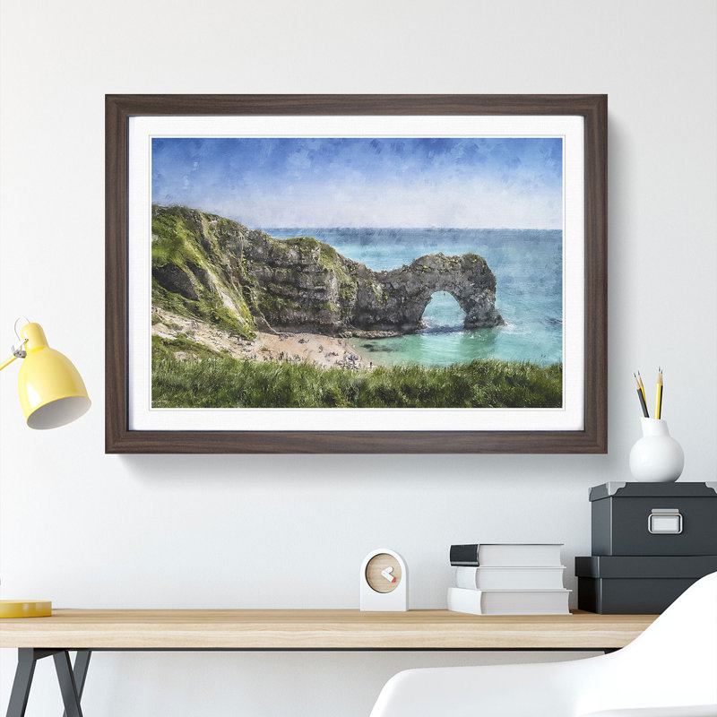 Durdle Door Cliffs in Dorset - Picture Frame Painting Print, Walnut Framed, 45cm H x 63cm W x 2cm D