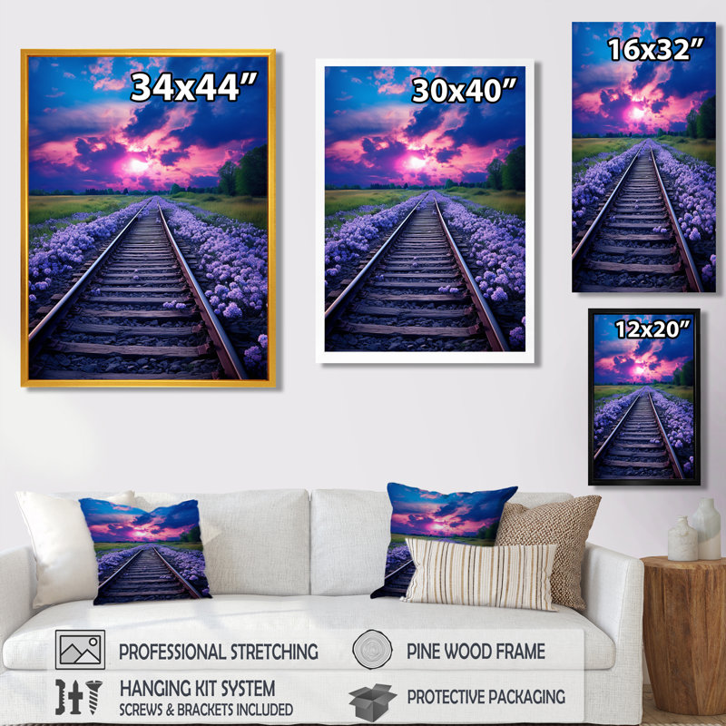 Lavande, train, rails, fuchsia coucher de soleil II - train, reproduction d'art mural, Cadre flottant brun