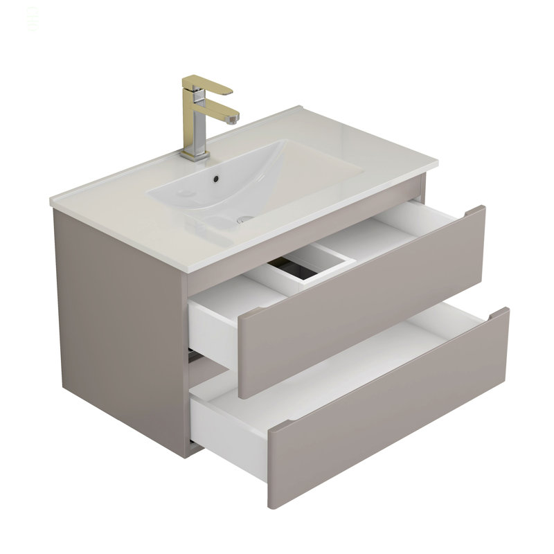 Meuble-lavabo mural de 32 po avec lavabo combiné, tiroirs doubles, façades de tiroirs arrondies, système de fermeture en douceur, lavabo en céramique, conception sans poignée, bois massif, facile à installer