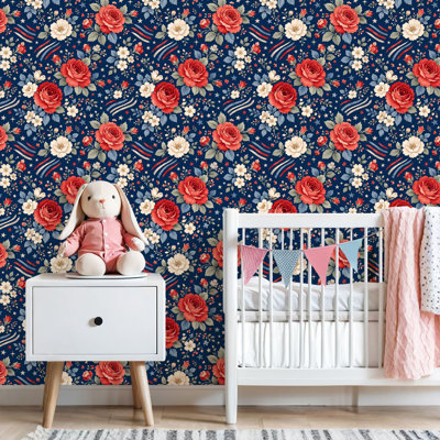 Peel and Stick Wallpaper Vintage Floral Red Roses White Flowers American Flag Contact Paper Removable Self Adhesive Wall Mural Wall Decor for Bedroom Kitchen Cabinets 24in x 118in