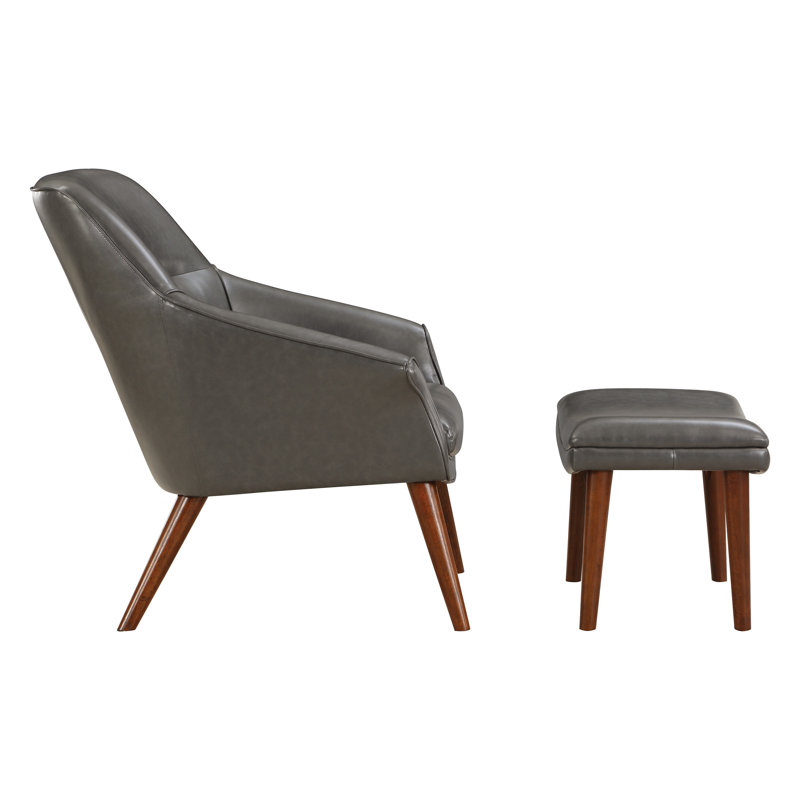 Khristen Faux Leather Accent Chair with Ottoman, Pewter Faux Leather