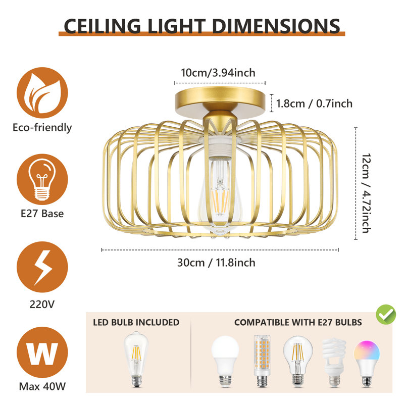 Modern Gold Metal Semi Flush Mount E27 Base Round Lampshade Ceiling Light for Kitchen, Hallway, Living Room, Bedroom, Dining Room