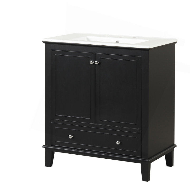 Meuble-lavabo multifonctionnel avec portes et tiroir 30 po, bois massif et panneau de fibres à densité moyenne, noir