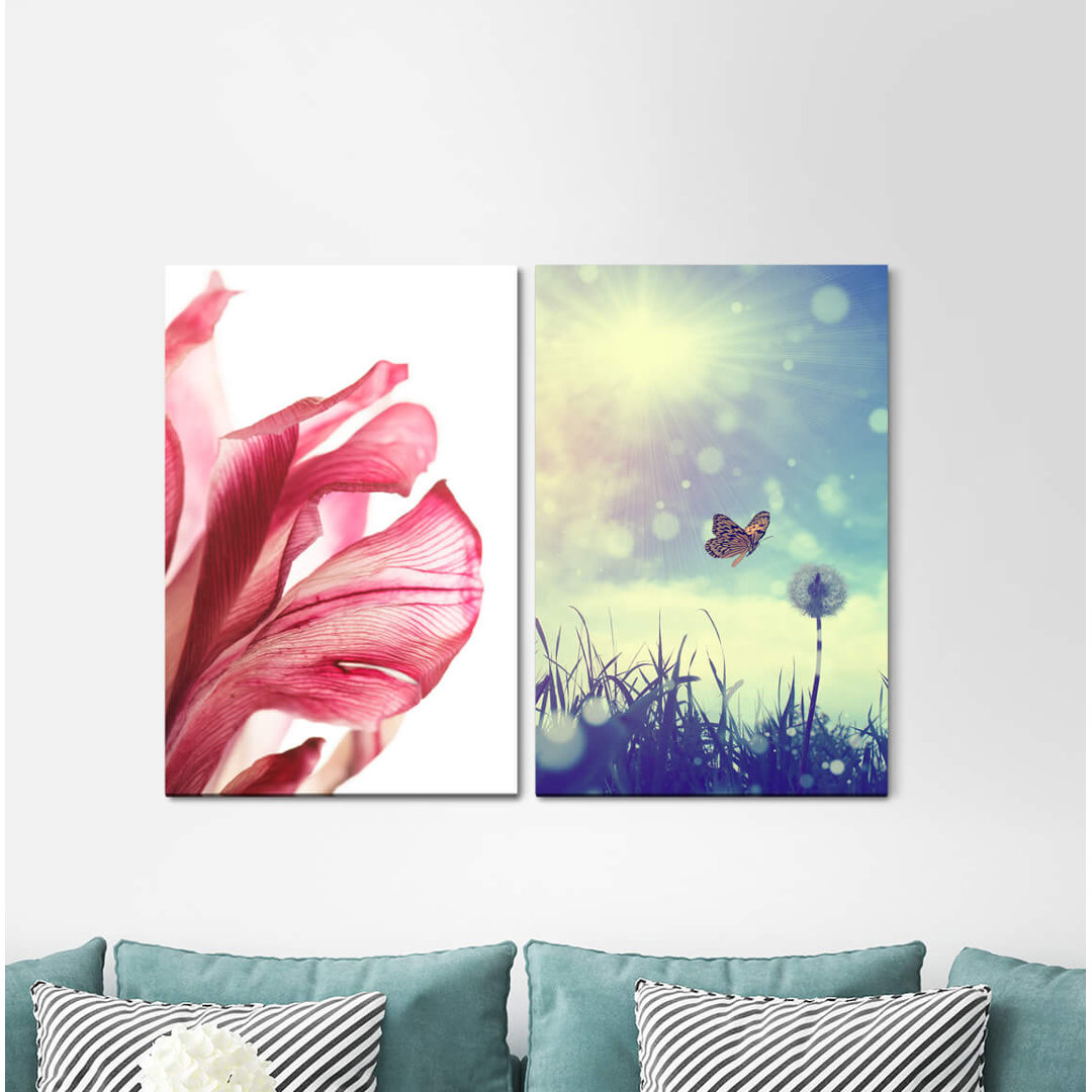 2-tlg. Leinwandbilder-Set - Grafikdruck „Blossom Red Butterfly Summer Sunshine Warmth Summer Meadow”